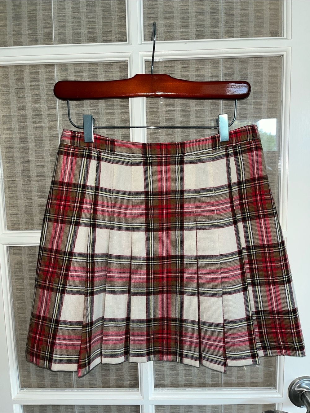 Vintage J. Crew Red Brown and Cream Wool Plaid Pleats Mini Skirt